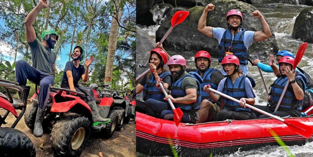 Photo collage of Ubud showing Pakistan couple enjoying ATV quad bike safari and a group of people doing river rafting in Ayung river