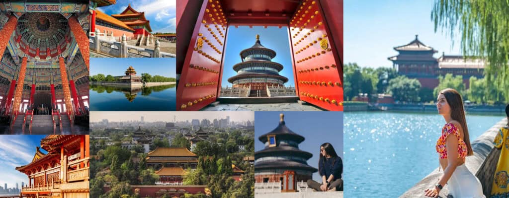 Photo collage of Beijing old city area including the forbidden city, tiananmen square and the temple of heaven