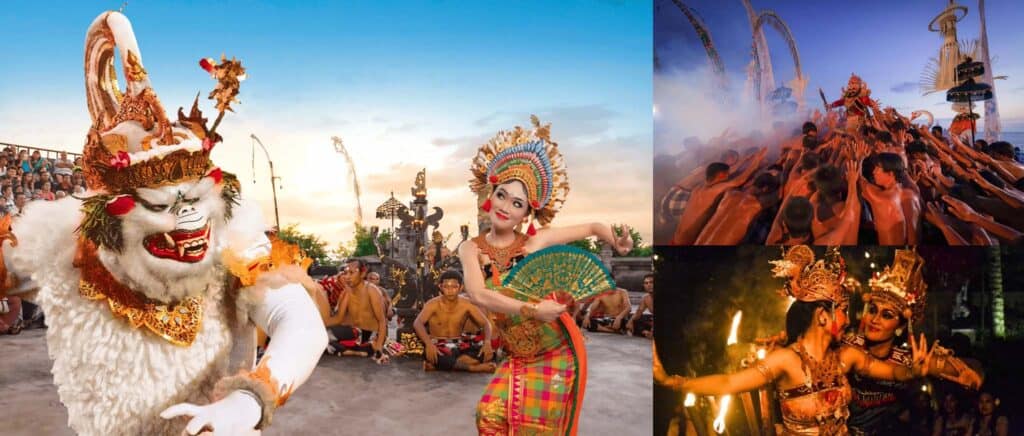 Photo collage of Kecak fire dance live show in Uluwatu. Local artist performing Ramayana
