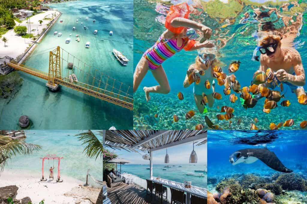Photo collage of Nusa Lembongan island in Bali. Yellow bridge, snorkeling with fish, Nusa Ceningan beach, seaside cafe, manta ray spotting in manta bay