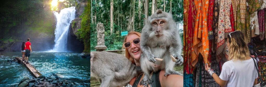 Photo collage of Ubud showing Tegenungan waterfall, Ubud monkey forest selfie and Ubud art market