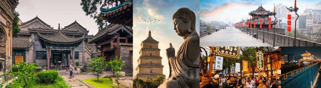 Photo collage of Xi'an city in China including ancient Xi'an Muslim Mosque, Giant wild goose pagoda, xi'an ancient city wall and Xi'an Muslim market