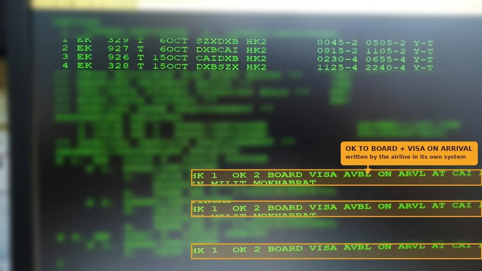 Airline system showing OK TO BOARD and Visa Available On Arrival at CAI (Cairo) against a booking — Egypt pre-arranged visa on arrival for a Pakistani passport