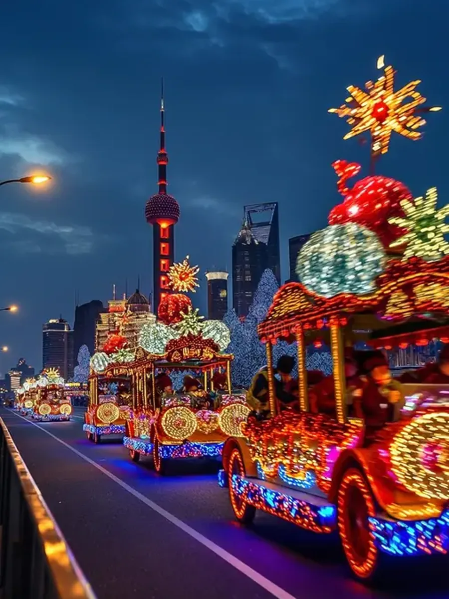New Year parade floats on the Bund with the Oriental Pearl Tower, Shanghai